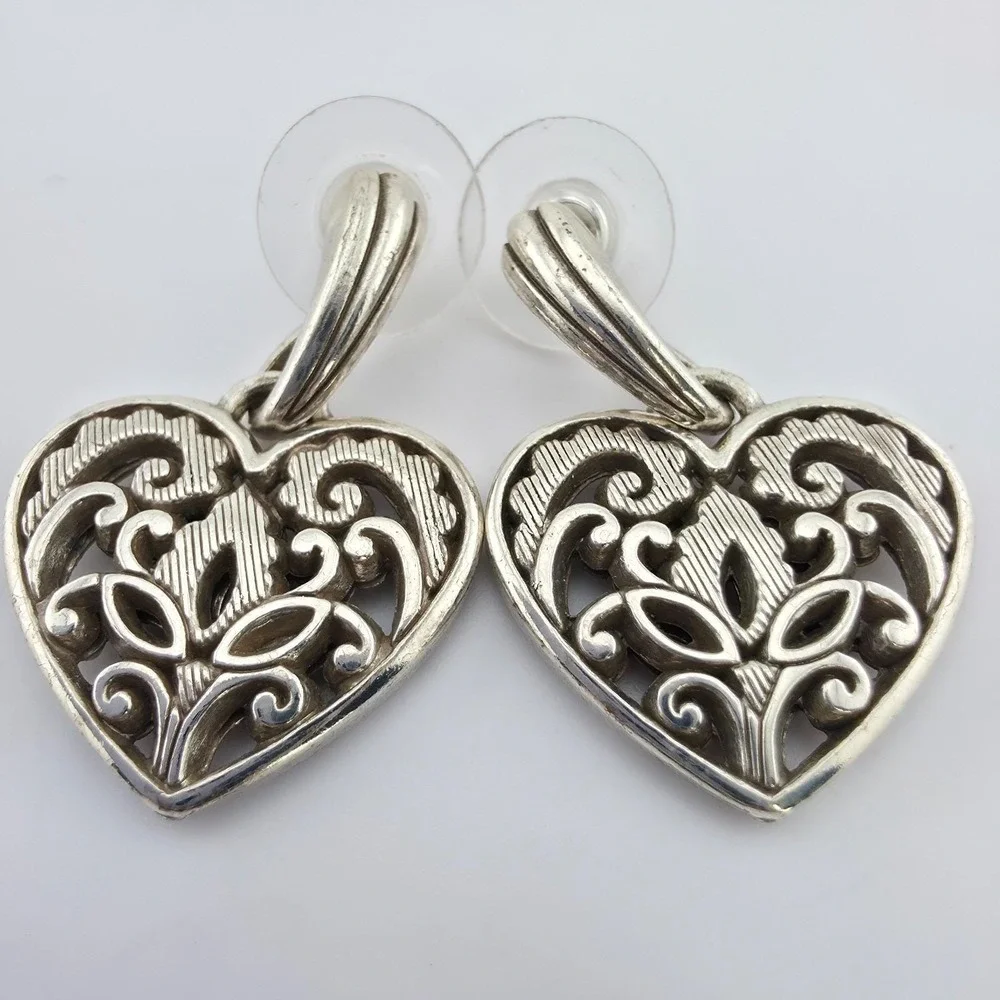 BRIGHTON 'Cordoba Heart' Earrings Open Scrollwork Floral Drop Silver Plate 1.5